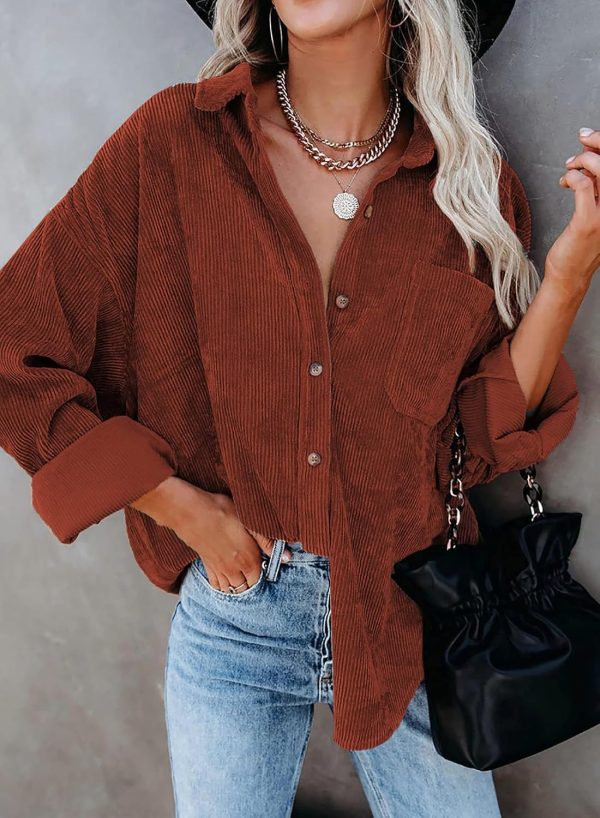 Dokotoo Womens Corduroy Button Down Shirts Boyfriend Long Sleeve Oversized Blouses Tops - Image 65