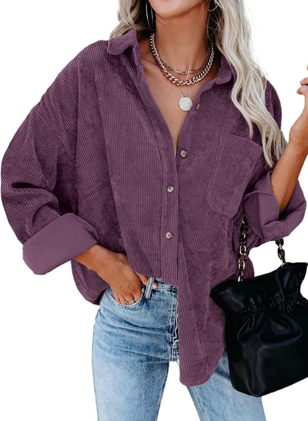 Dokotoo Womens Corduroy Button Down Shirts Boyfriend Long Sleeve Oversized Blouses Tops - Image 77