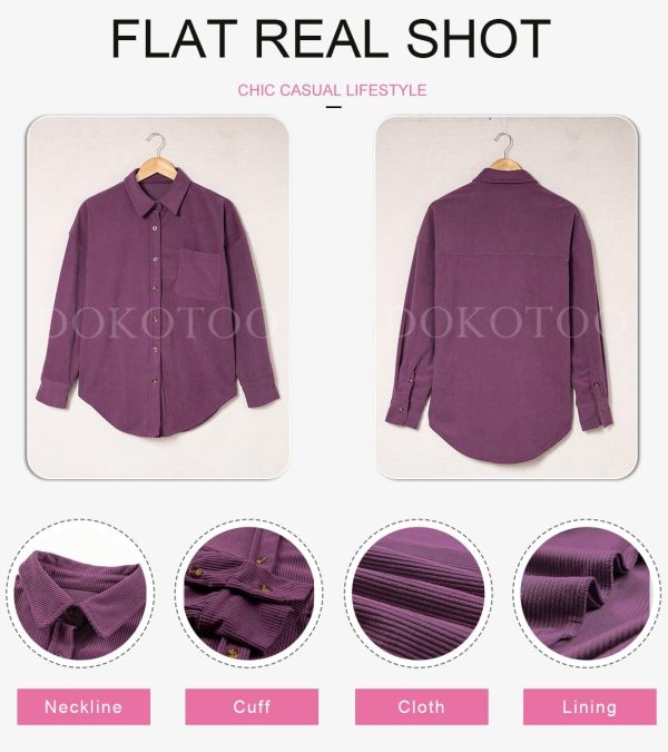 Dokotoo Womens Corduroy Button Down Shirts Boyfriend Long Sleeve Oversized Blouses Tops - Image 81
