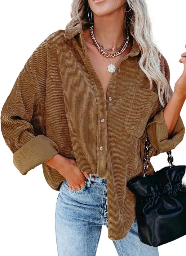 Dokotoo Womens Corduroy Button Down Shirts Boyfriend Long Sleeve Oversized Blouses Tops - Image 95