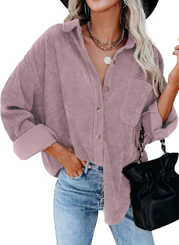 Dokotoo Womens Corduroy Button Down Shirts Boyfriend Long Sleeve Oversized Blouses Tops - Image 99
