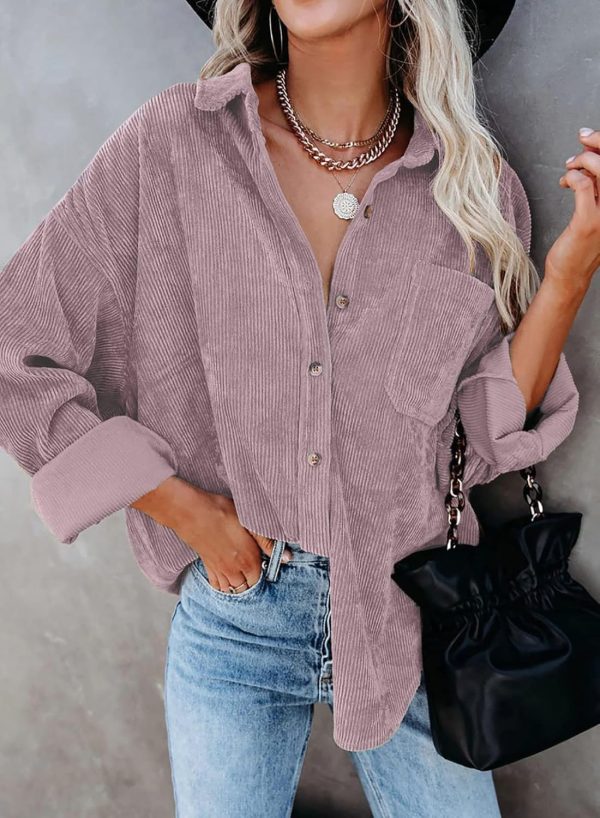 Dokotoo Womens Corduroy Button Down Shirts Boyfriend Long Sleeve Oversized Blouses Tops - Image 100