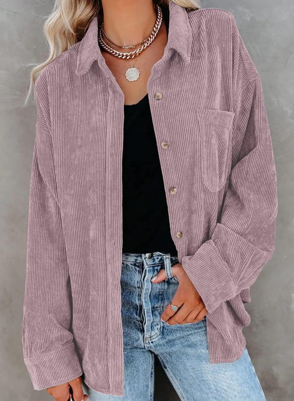 Dokotoo Womens Corduroy Button Down Shirts Boyfriend Long Sleeve Oversized Blouses Tops - Image 102