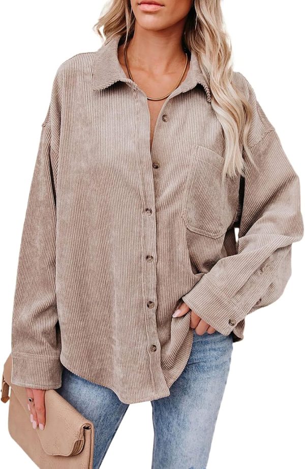Dokotoo Womens Corduroy Button Down Shirts Boyfriend Long Sleeve Oversized Blouses Tops - Image 108