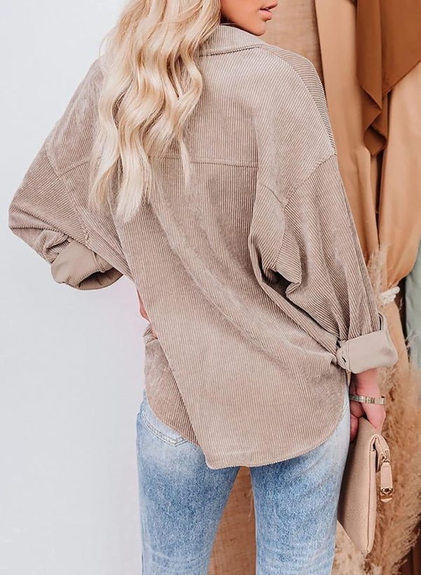 Dokotoo Womens Corduroy Button Down Shirts Boyfriend Long Sleeve Oversized Blouses Tops - Image 109