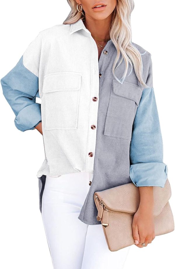 Dokotoo Womens Corduroy Button Down Shirts Boyfriend Long Sleeve Oversized Blouses Tops - Image 112