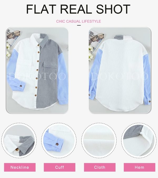 Dokotoo Womens Corduroy Button Down Shirts Boyfriend Long Sleeve Oversized Blouses Tops - Image 116