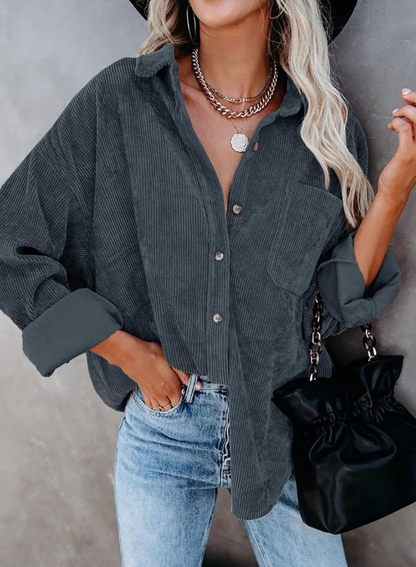 Dokotoo Womens Corduroy Button Down Shirts Boyfriend Long Sleeve Oversized Blouses Tops - Image 118