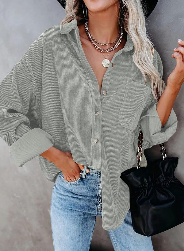Dokotoo Womens Corduroy Button Down Shirts Boyfriend Long Sleeve Oversized Blouses Tops - Image 122