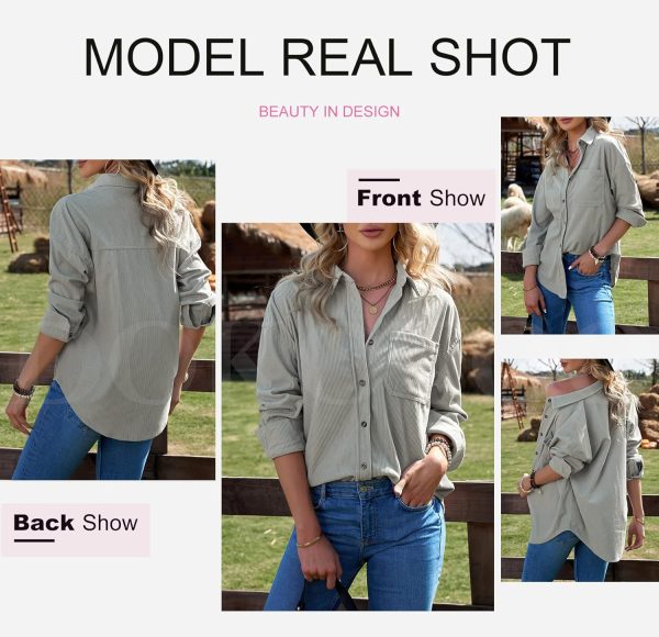 Dokotoo Womens Corduroy Button Down Shirts Boyfriend Long Sleeve Oversized Blouses Tops - Image 124