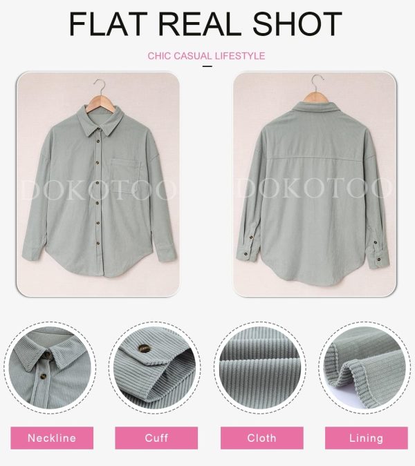 Dokotoo Womens Corduroy Button Down Shirts Boyfriend Long Sleeve Oversized Blouses Tops - Image 125