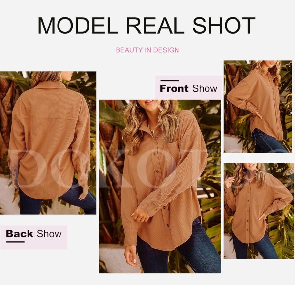 Dokotoo Womens Corduroy Button Down Shirts Boyfriend Long Sleeve Oversized Blouses Tops - Image 134