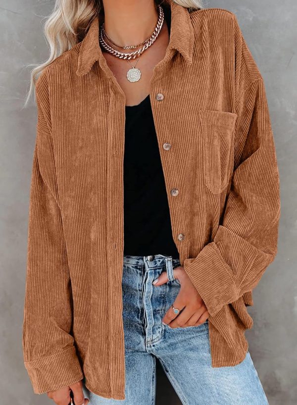 Dokotoo Womens Corduroy Button Down Shirts Boyfriend Long Sleeve Oversized Blouses Tops - Image 136