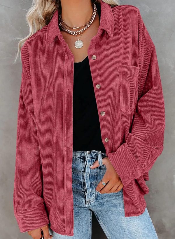 Dokotoo Womens Corduroy Button Down Shirts Boyfriend Long Sleeve Oversized Blouses Tops - Image 140