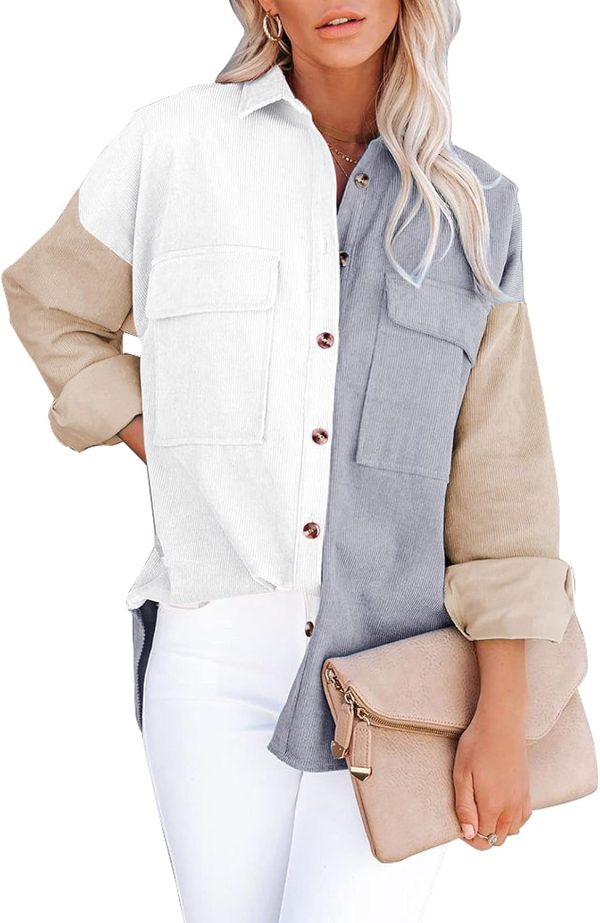 Dokotoo Womens Corduroy Button Down Shirts Boyfriend Long Sleeve Oversized Blouses Tops - Image 149