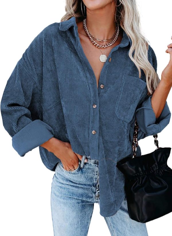 Dokotoo Womens Corduroy Button Down Shirts Boyfriend Long Sleeve Oversized Blouses Tops - Image 153