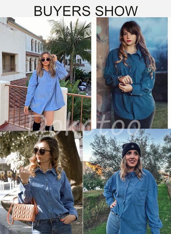 Dokotoo Womens Corduroy Button Down Shirts Boyfriend Long Sleeve Oversized Blouses Tops - Image 155