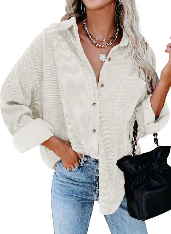 Dokotoo Womens Corduroy Button Down Shirts Boyfriend Long Sleeve Oversized Blouses Tops - Image 158