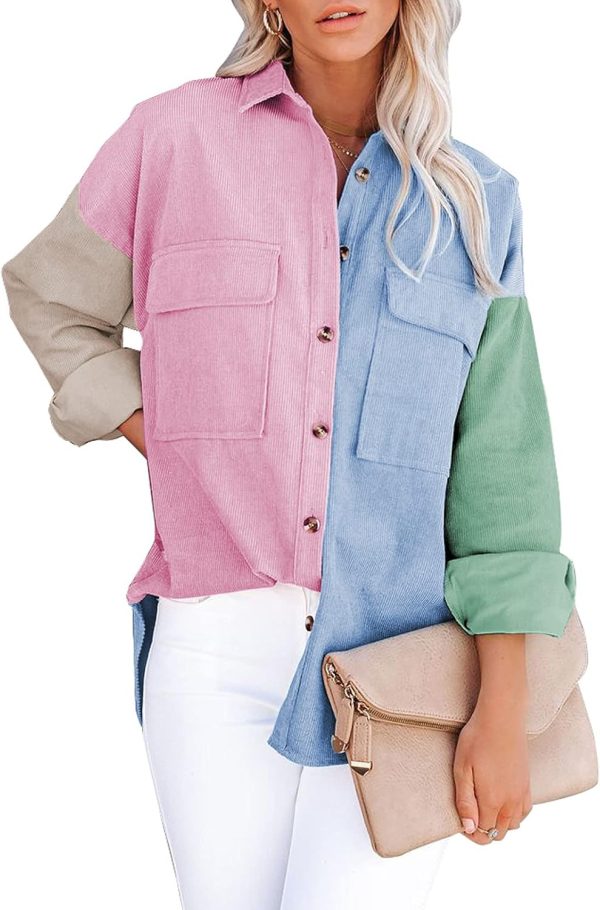 Dokotoo Womens Corduroy Button Down Shirts Boyfriend Long Sleeve Oversized Blouses Tops - Image 165