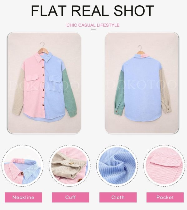 Dokotoo Womens Corduroy Button Down Shirts Boyfriend Long Sleeve Oversized Blouses Tops - Image 169