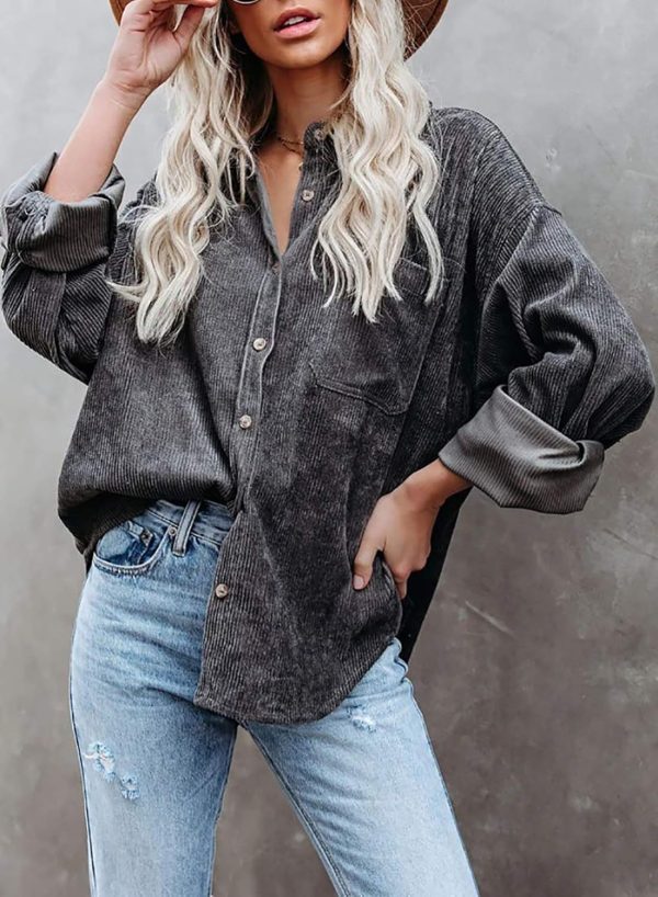 Dokotoo Womens Corduroy Button Down Shirts Boyfriend Long Sleeve Oversized Blouses Tops - Image 3