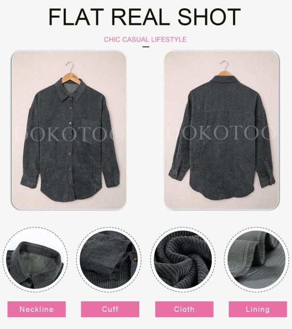 Dokotoo Womens Corduroy Button Down Shirts Boyfriend Long Sleeve Oversized Blouses Tops - Image 5