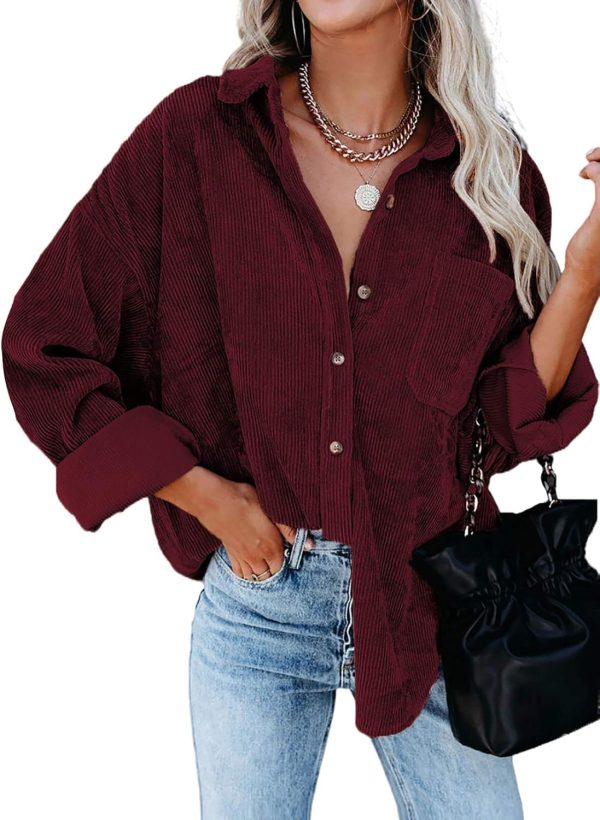 Dokotoo Womens Corduroy Button Down Shirts Boyfriend Long Sleeve Oversized Blouses Tops - Image 6