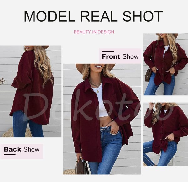 Dokotoo Womens Corduroy Button Down Shirts Boyfriend Long Sleeve Oversized Blouses Tops - Image 9