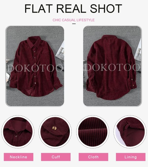 Dokotoo Womens Corduroy Button Down Shirts Boyfriend Long Sleeve Oversized Blouses Tops - Image 10