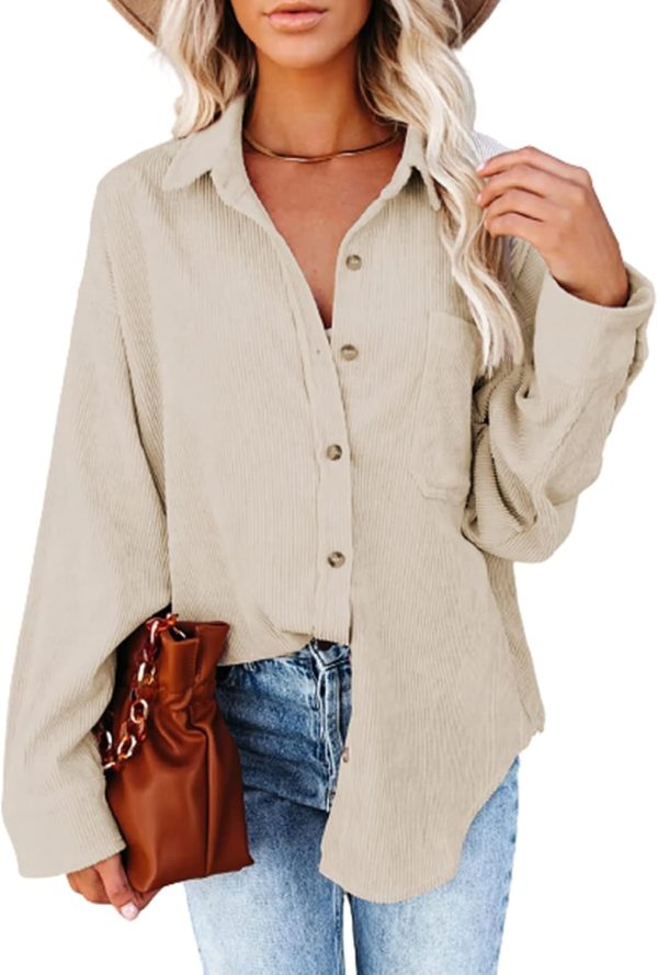 Dokotoo Womens Corduroy Button Down Shirts Boyfriend Long Sleeve Oversized Blouses Tops - Image 11
