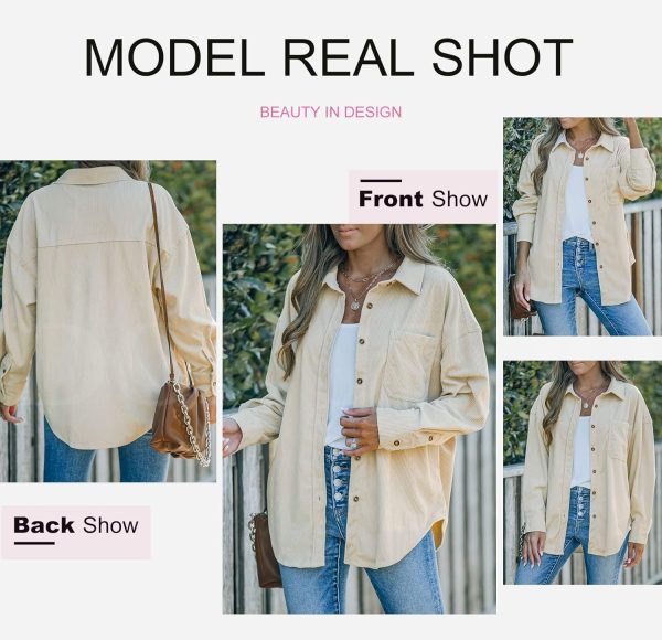 Dokotoo Womens Corduroy Button Down Shirts Boyfriend Long Sleeve Oversized Blouses Tops - Image 13