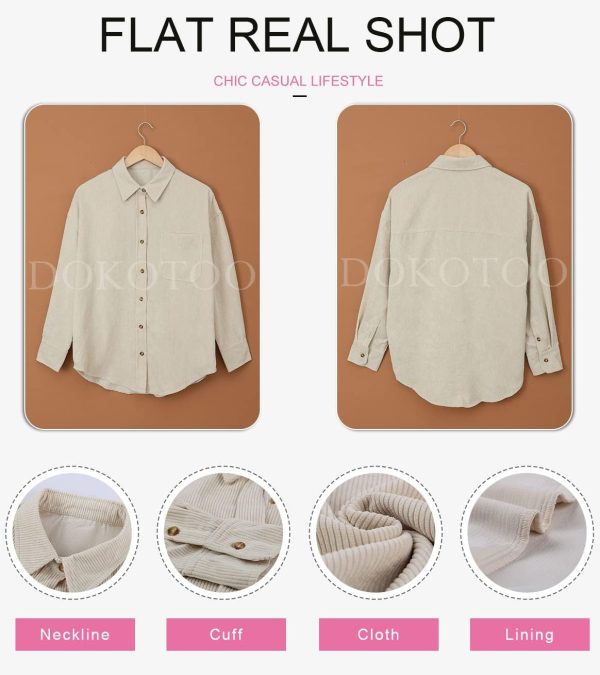 Dokotoo Womens Corduroy Button Down Shirts Boyfriend Long Sleeve Oversized Blouses Tops - Image 14