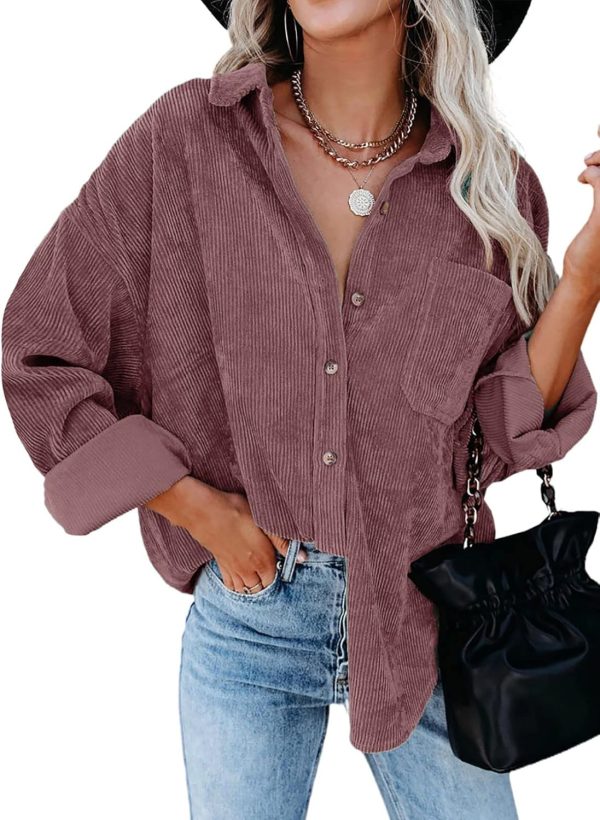 Dokotoo Womens Corduroy Button Down Shirts Boyfriend Long Sleeve Oversized Blouses Tops - Image 22