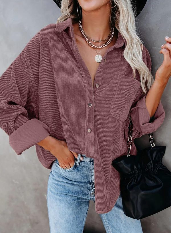 Dokotoo Womens Corduroy Button Down Shirts Boyfriend Long Sleeve Oversized Blouses Tops - Image 23