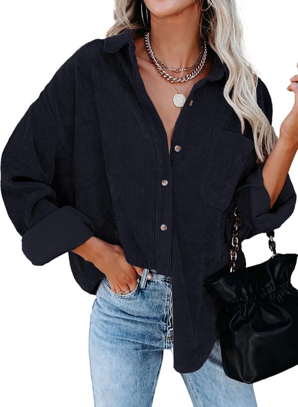 Dokotoo Womens Corduroy Button Down Shirts Boyfriend Long Sleeve Oversized Blouses Tops - Image 27
