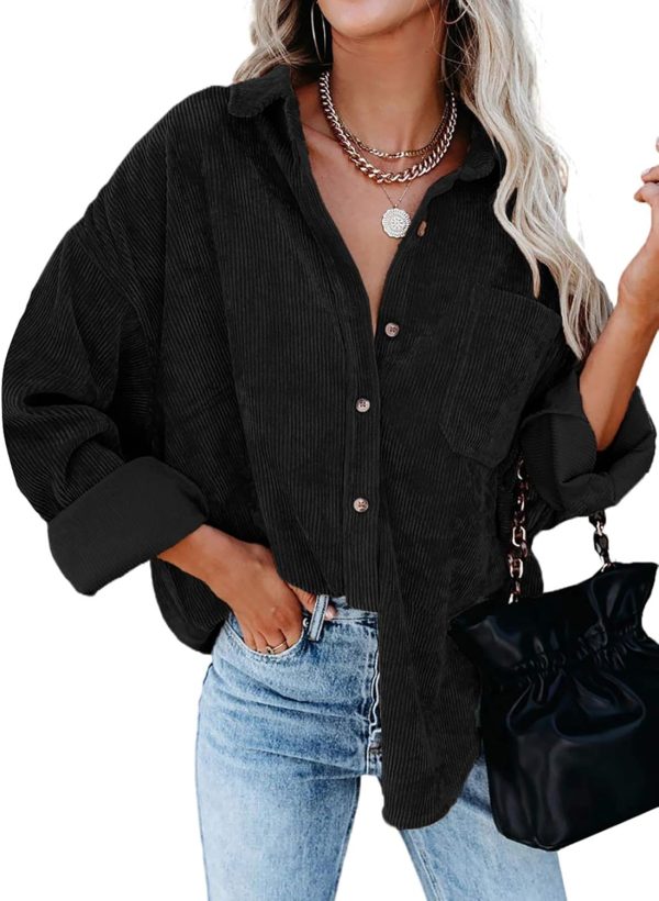 Dokotoo Womens Corduroy Button Down Shirts Boyfriend Long Sleeve Oversized Blouses Tops - Image 32