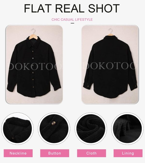 Dokotoo Womens Corduroy Button Down Shirts Boyfriend Long Sleeve Oversized Blouses Tops - Image 36