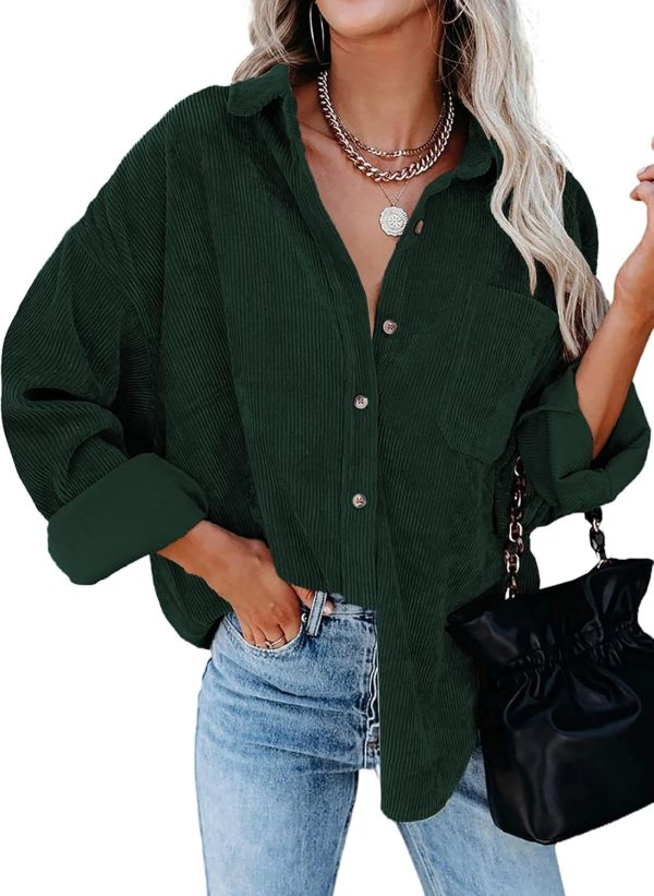 Dokotoo Womens Corduroy Button Down Shirts Boyfriend Long Sleeve Oversized Blouses Tops - Image 41