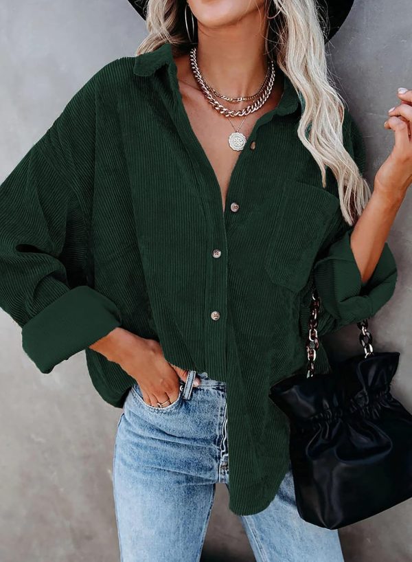 Dokotoo Womens Corduroy Button Down Shirts Boyfriend Long Sleeve Oversized Blouses Tops - Image 42