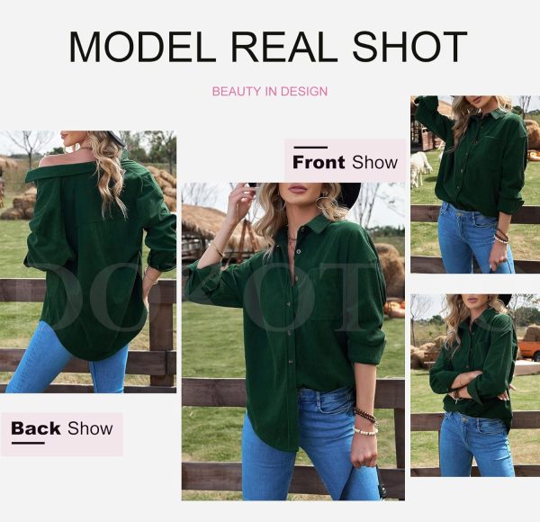 Dokotoo Womens Corduroy Button Down Shirts Boyfriend Long Sleeve Oversized Blouses Tops - Image 44