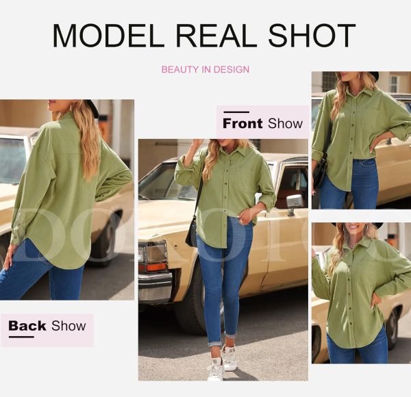 Dokotoo Womens Corduroy Button Down Shirts Boyfriend Long Sleeve Oversized Blouses Tops - Image 49