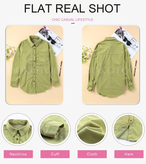Dokotoo Womens Corduroy Button Down Shirts Boyfriend Long Sleeve Oversized Blouses Tops - Image 50