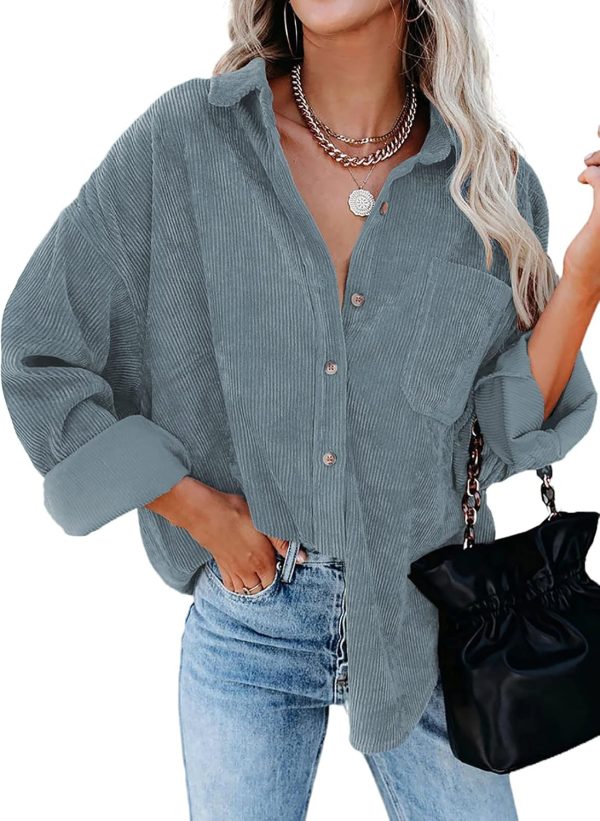 Dokotoo Womens Corduroy Button Down Shirts Boyfriend Long Sleeve Oversized Blouses Tops - Image 51