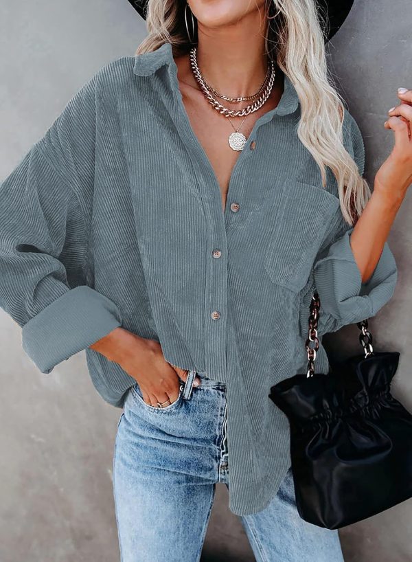 Dokotoo Womens Corduroy Button Down Shirts Boyfriend Long Sleeve Oversized Blouses Tops - Image 52