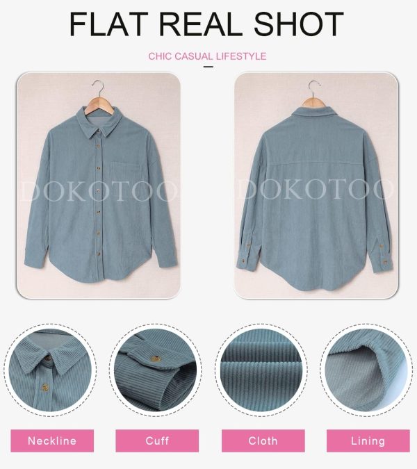 Dokotoo Womens Corduroy Button Down Shirts Boyfriend Long Sleeve Oversized Blouses Tops - Image 55