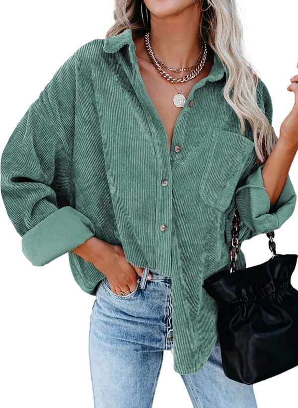 Dokotoo Womens Corduroy Button Down Shirts Boyfriend Long Sleeve Oversized Blouses Tops - Image 56