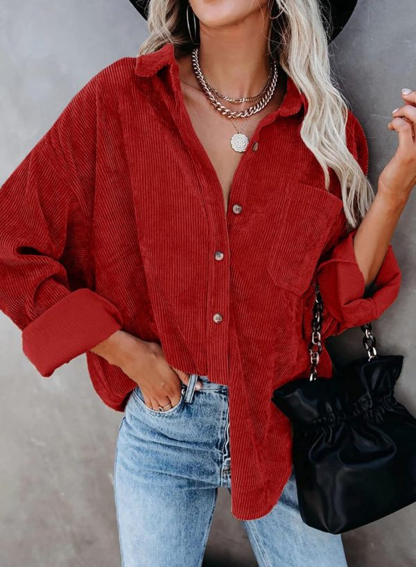 Dokotoo Womens Corduroy Button Down Shirts Boyfriend Long Sleeve Oversized Blouses Tops - Image 61