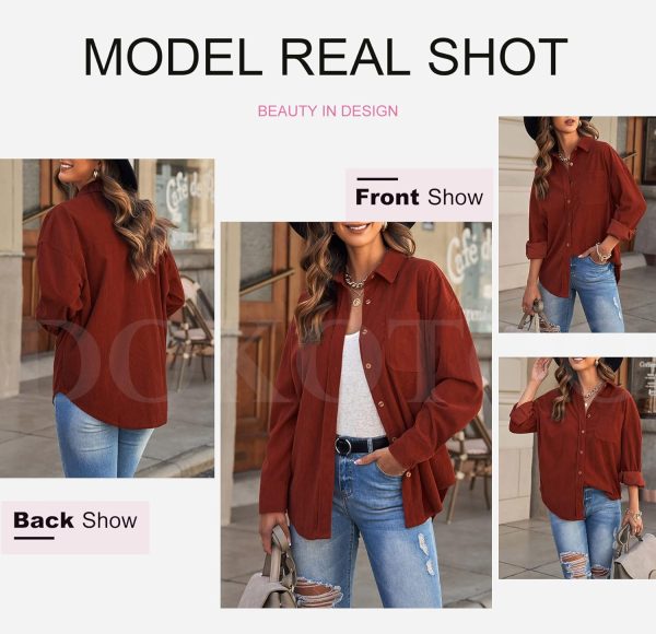 Dokotoo Womens Corduroy Button Down Shirts Boyfriend Long Sleeve Oversized Blouses Tops - Image 67