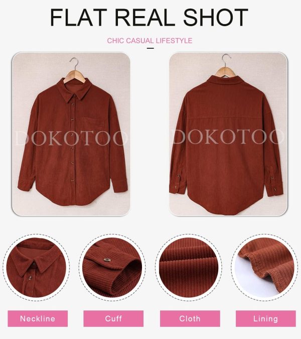 Dokotoo Womens Corduroy Button Down Shirts Boyfriend Long Sleeve Oversized Blouses Tops - Image 68