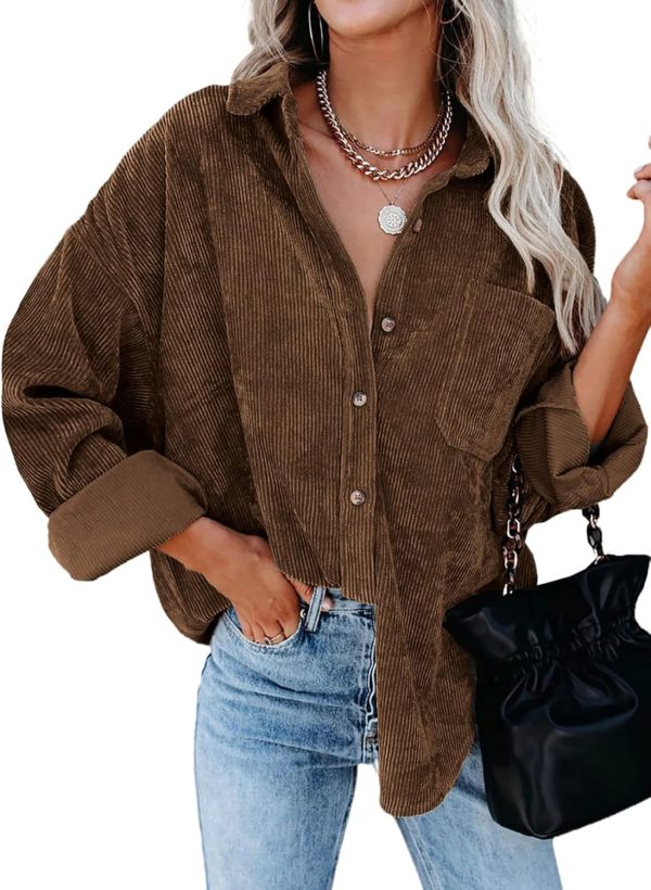 Dokotoo Womens Corduroy Button Down Shirts Boyfriend Long Sleeve Oversized Blouses Tops - Image 73